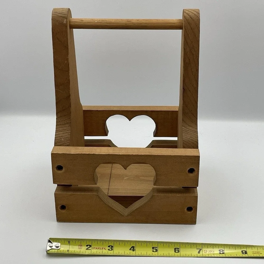 Vintage Wooden Heart Cutout Caddy Basket Tote Holder 10x6x7 Rustic Country Decor